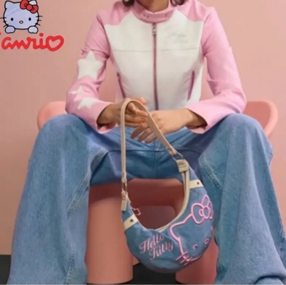 Sanrio Hello Kitty Denim Shoulder Bag w/ Keychain with Strap - Picture 6 of 10